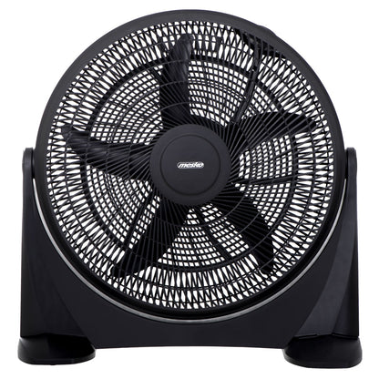 Ein oszillierender Mesko-Bodenventilator aus schwarzem Kunststoff - 3 Leistungsstufen, XXL-Rotor 50 cm, Neigungsfunktion mit kreisförmigem Design und einem Schutzgitter, das die Flügel abdeckt. In der Mitte ist das Wort „immer-saugut“ aufgedruckt. Der Ven
