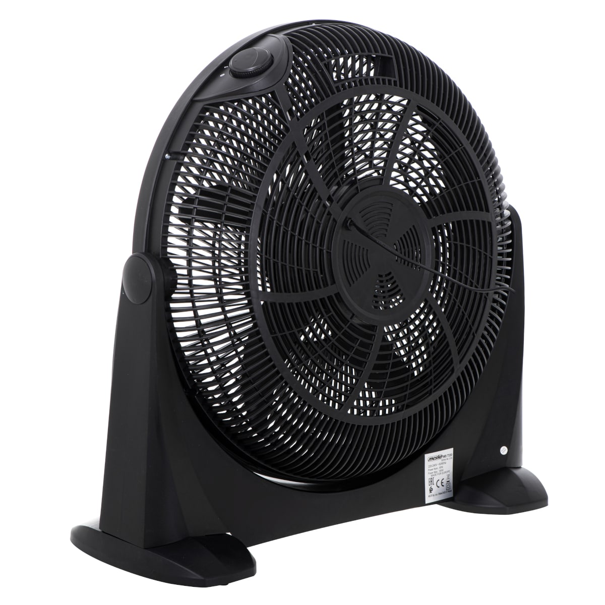 Abgebildet ist ein schwarzer, kreisförmiger, oszillierender Tauchsauger Mesko - Bodenventilator - 3 Leistungsstufen, XXL Rotor 50 cm, Neigungsfunktion mit einer Maschengitterabdeckung. Der Ventilator ist auf einem abgewinkelten Sockel mit zwei Stützarmen 