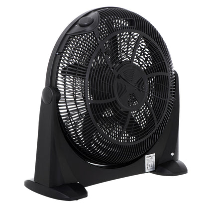 Abgebildet ist ein schwarzer, kreisförmiger, oszillierender Tauchsauger Mesko - Bodenventilator - 3 Leistungsstufen, XXL Rotor 50 cm, Neigungsfunktion mit einer Maschengitterabdeckung. Der Ventilator ist auf einem abgewinkelten Sockel mit zwei Stützarmen 