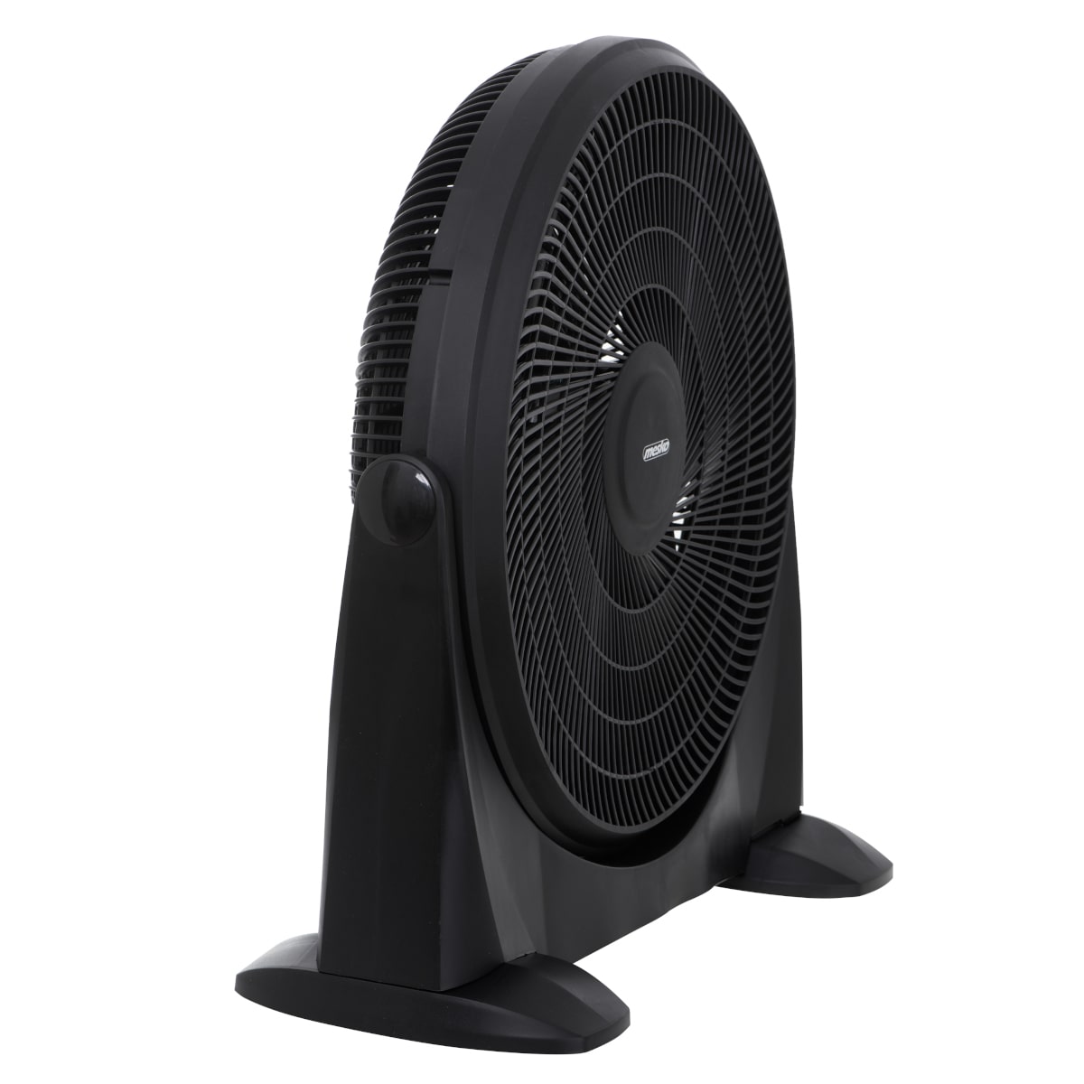 Oszillierender **Mesko - Bodenventilator - 3 Leistungsstufen, XXL Rotor 50 cm, Neigungsfunktion** aus schwarzem Kunststoff von **immer-saugut**, vertikal stehend auf zwei breiten, rechteckigen Füßen. Er hat ein netzartiges Gitter, das seine großen runden 