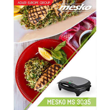 Ein Werbebild für den Mesko - Kontaktgrill von immer-saugut zeigt zwei Gerichte mit gegrilltem Hähnchen mit Blattgemüse auf Tellern, garniert mit Zitronenscheiben und Minze. Unter den Tellern ist ein Bild des Mesko - Kontaktgrills - Großer Grillbereich, H