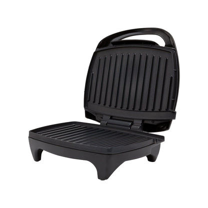 Ein eleganter, schwarzer Mesko Kontaktgrill von immer-saugut, der an eine Panini-Presse erinnert, ist mit geöffnetem Deckel abgebildet. Dieser Grill verfügt über gerippte, antihaftbeschichtete Grillflächen an Ober- und Unterseite, einen Griff zum einfache