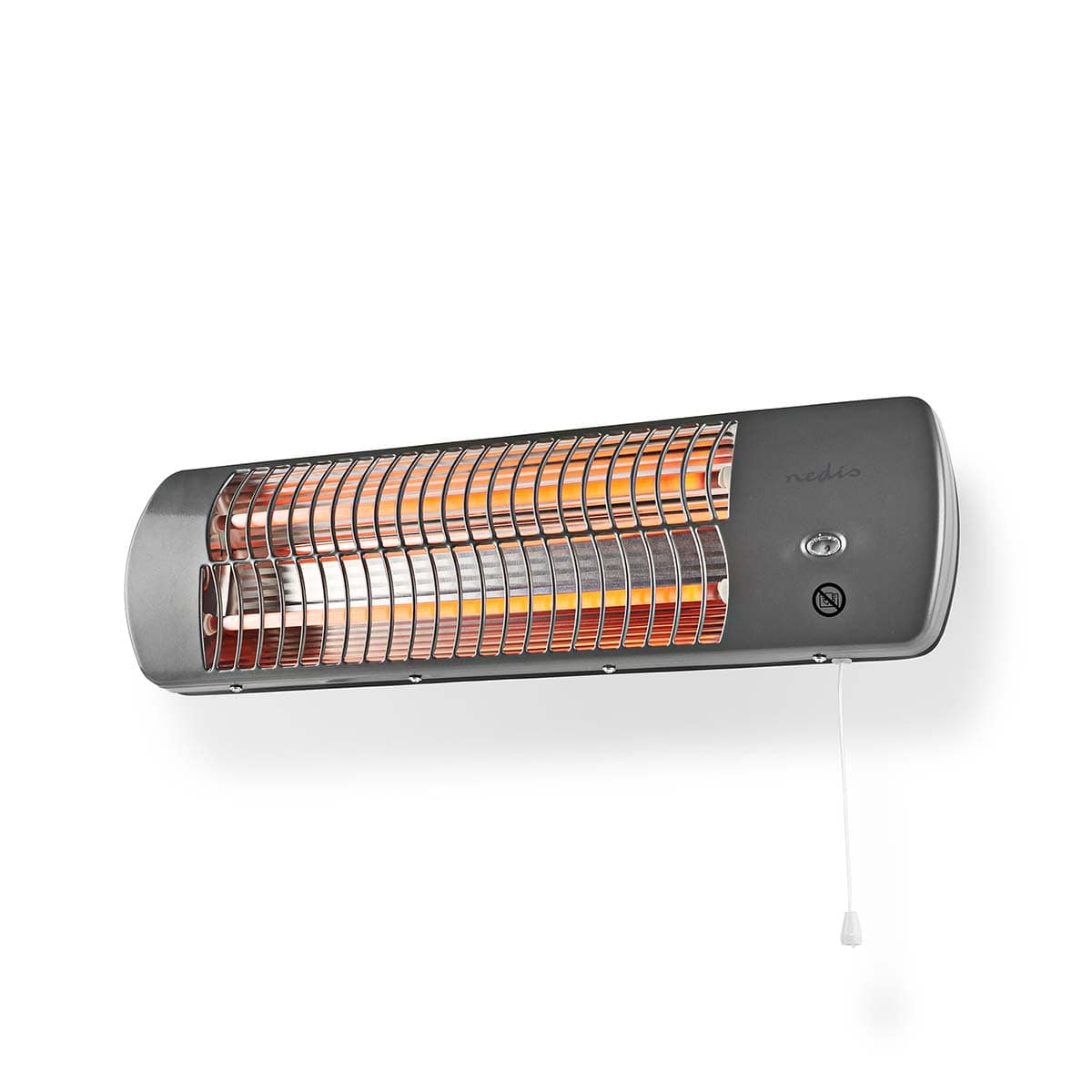 Eine graue Wandmontage elektrische Nedis - Badezimmer Heizung - Badezimmerheizstrahler, 2 Wärmeeinstellungen, Wandmontage mit einem orange leuchtenden Element, das anzeigt, dass es eingeschaltet ist. Die Heizung verfügt über ein schützendes Metallgitter a