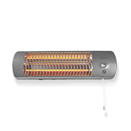 Eine Nedis - Badezimmer Heizung - Badezimmerheizstrahler, 2 Wärmeeinstellungen, Wandmontage (Wandmontage) mit einem stabilen Metallgehäuse. Diese Heizung (Badezimmerheizstrahler) von Nedis GmbH verfügt über Reihen freiliegender orangefarbener Heizelemente