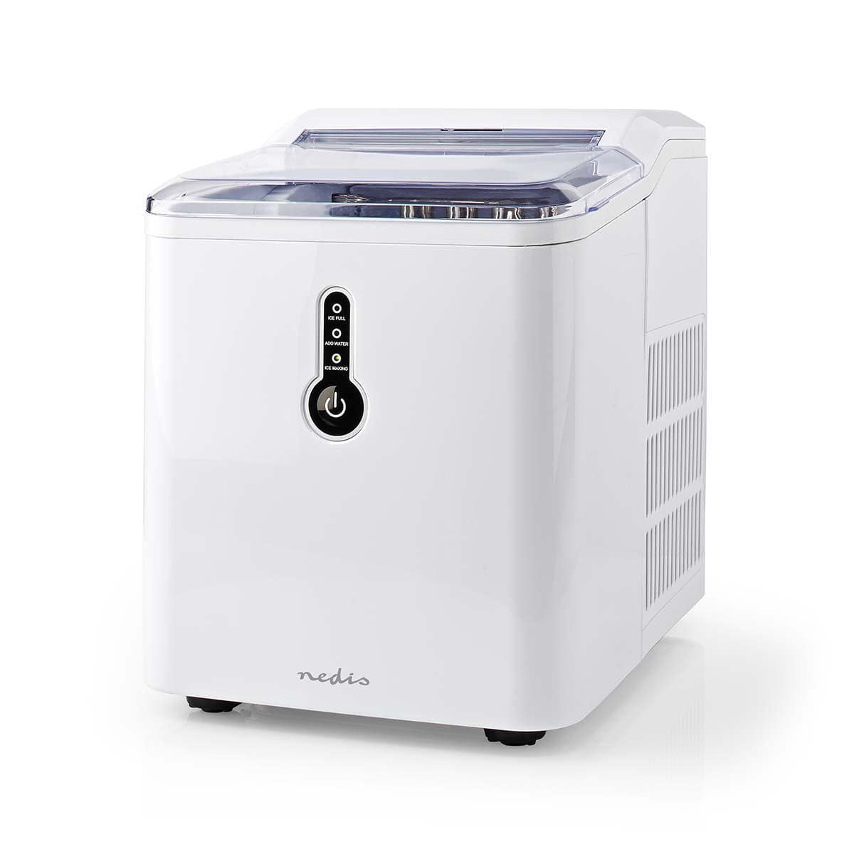 Eine moderne, weiße tragbare Eiswürfelmaschine mit schlankem Design. Sie hat einen transparenten Deckel oben, einen schwarzen Einschaltknopf und Kontrollleuchten an der Vorderseite sowie seitliche Lüftungsschlitze zur Kühlung. Sie produziert bis zu 12 kg 