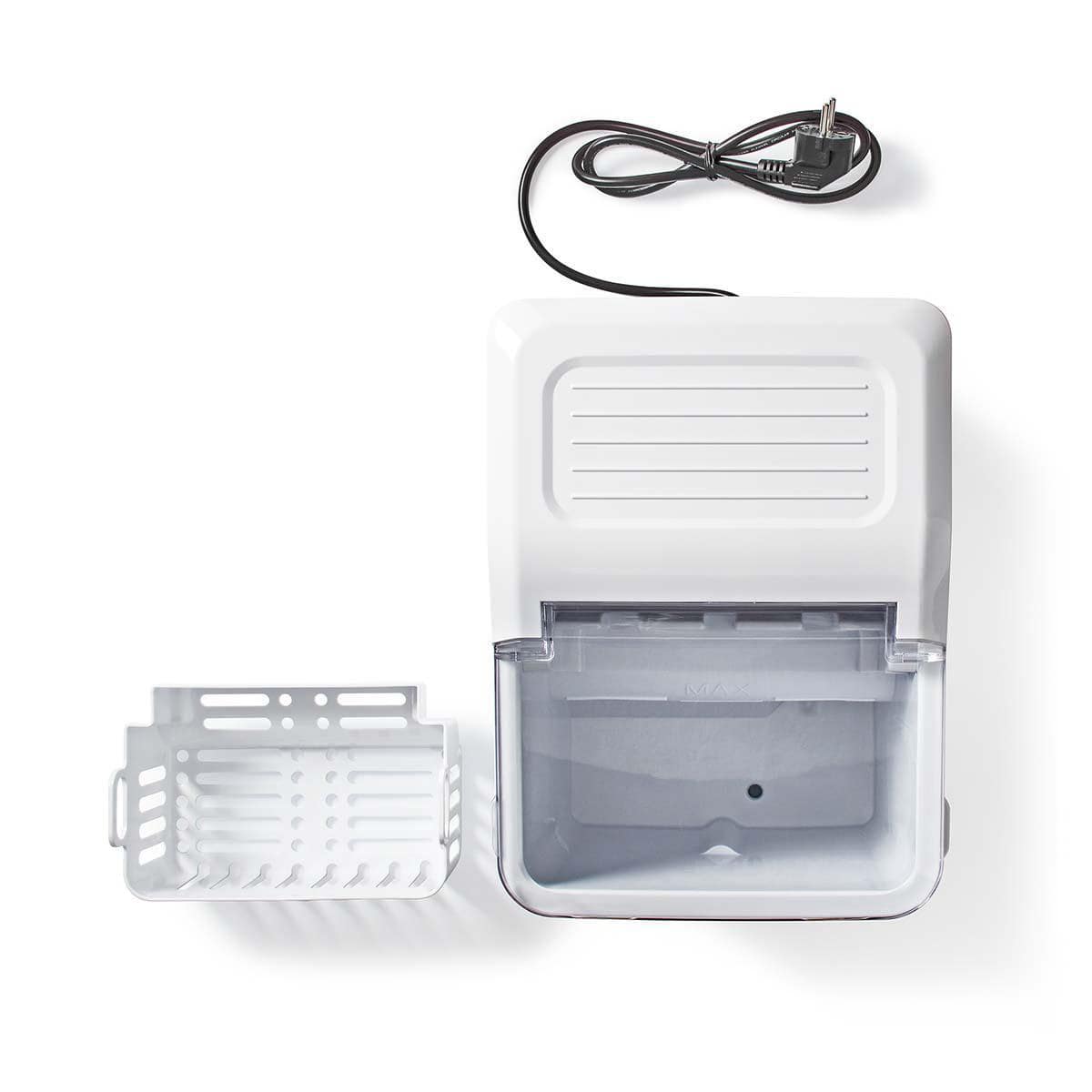 Ein Nedis - Eiswürfelbereiter von immer-saugut, mit sichtbarem Netzkabel und Stecker, der aus der oberen rechten Ecke herausragt. Das Gerät hat einen belüfteten oberen Bereich und einen durchsichtigen, abnehmbaren 1,5-l-Wassertank an der Unterseite. Neben