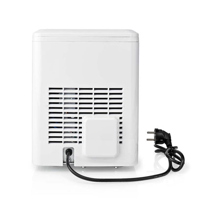 Dieses Bild zeigt die Rückansicht eines weißen, rechteckigen Elektrogeräts. Es verfügt über belüftete Schlitze zur Kühlung und ein schwarzes Netzkabel mit einem zweipoligen Stecker, der aus der Rückseite herausragt. Unterhalb der Belüftung in der Nähe der