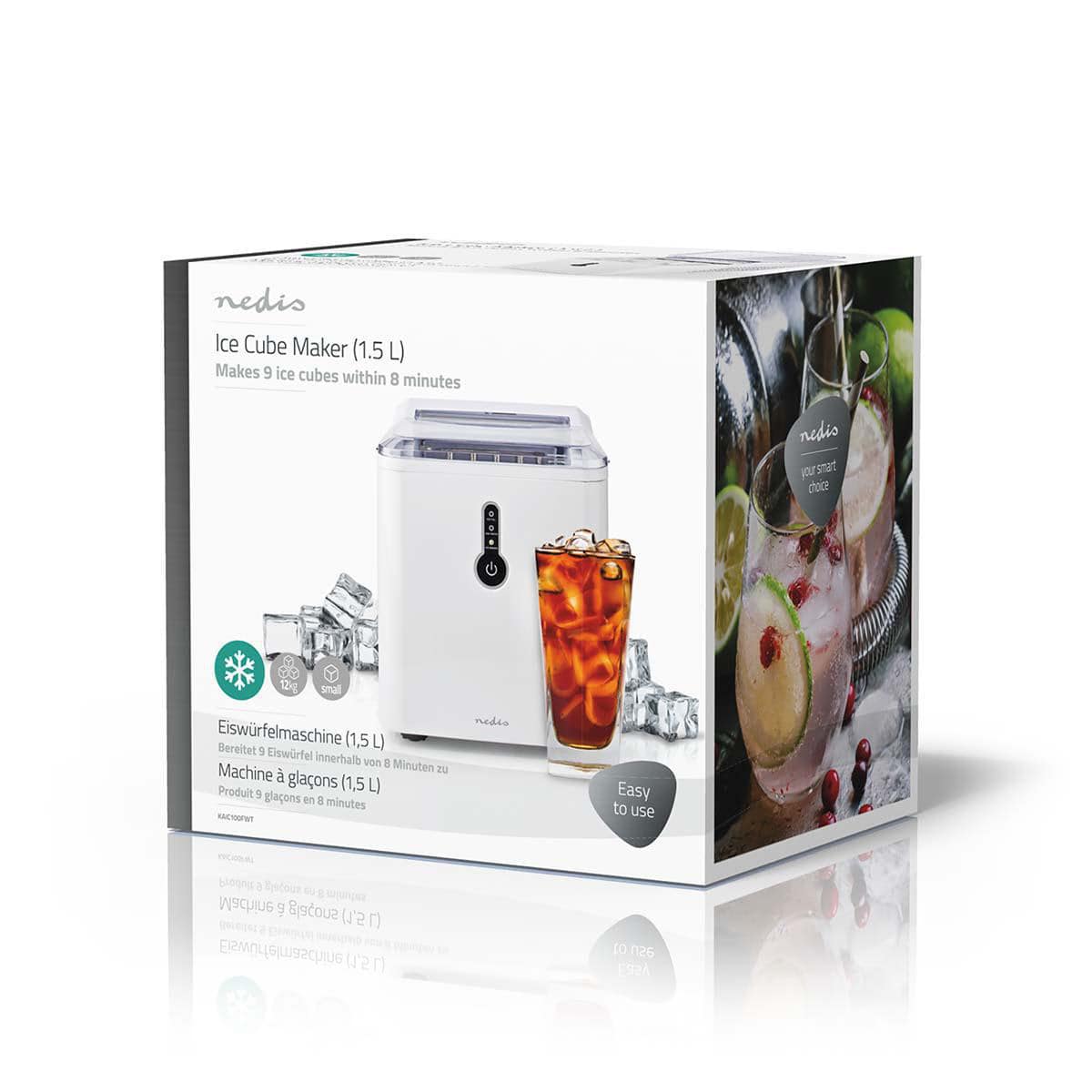 Bild einer Nedis Eiswürfelbereiter-Box. Die Box ist weiß mit verschiedenen Bildern und Texten. Auf der Vorderseite ist der Eisbereiter abgebildet, der 9 Eiswürfel in 8 Minuten produzieren kann, zusammen mit einem mit Eis und einem Getränk gefüllten Glas. 