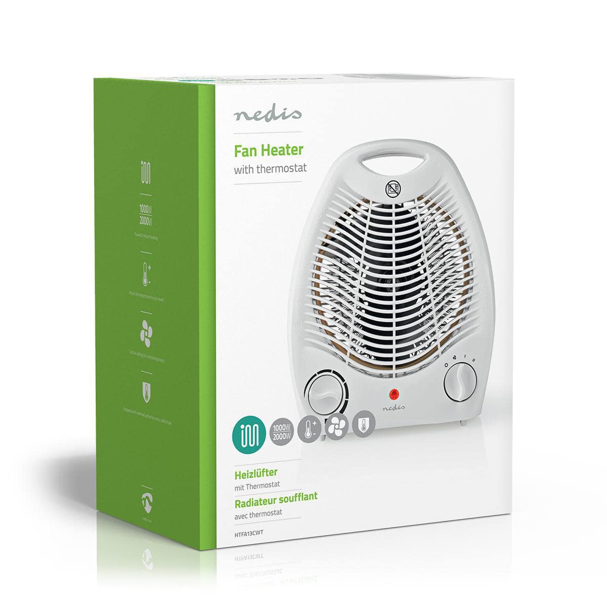 Das Bild zeigt eine Schachtel mit dem Heizlüfter mit Thermostat von Nedis GmbH. Die überwiegend weiße Schachtel hat eine grüne Seitenwand und zeigt den Heizer – ein weißes Gerät mit einer Netzfront und Bedienknöpfen an der Unterseite. Spezifikationen, ein