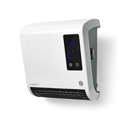 Dies ist ein wandmontierter, weißer elektronischer Händetrockner mit Digitalanzeige und Touch-Tasten, hergestellt von Nedis GmbH. Der schwarze Bildschirm zeigt die Nummer „03“ neben Strom- und Lüftersymbolen, während der untere Teil über eine Öffnung zum 