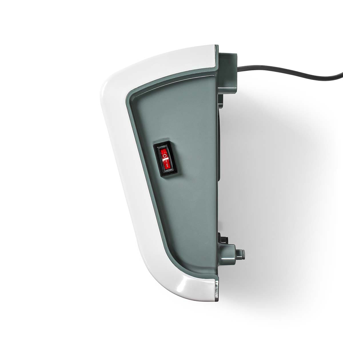 Eine Nahaufnahme einer dunkelgrünen und weißen, an der Wand montierten Badezimmerheizung von Nedis GmbH, der Nedis - Badezimmer Heizung - Badezimmerheizlüfter, mit einstellbarem Thermostat und Fernbedienung. Die Heizung hat einen schwarzen Netzschalter mi