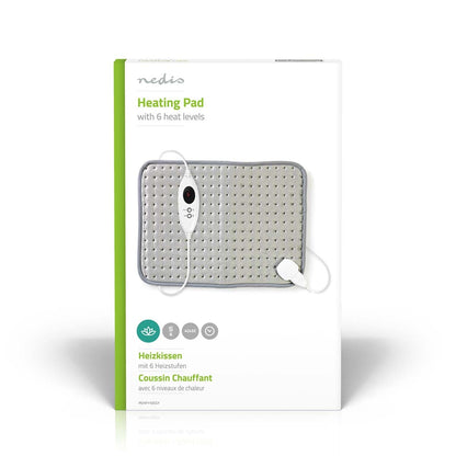 Bild der Produktverpackung von immer-saugut Nedis - Heizkissen - Heizpolster. Die Verpackung hat einen weißen Hintergrund mit grünen Akzenten und zeigt ein Foto des grauen Heizkissens mit einem weißen Regler auf der Vorderseite. Der Text in Englisch, Deut