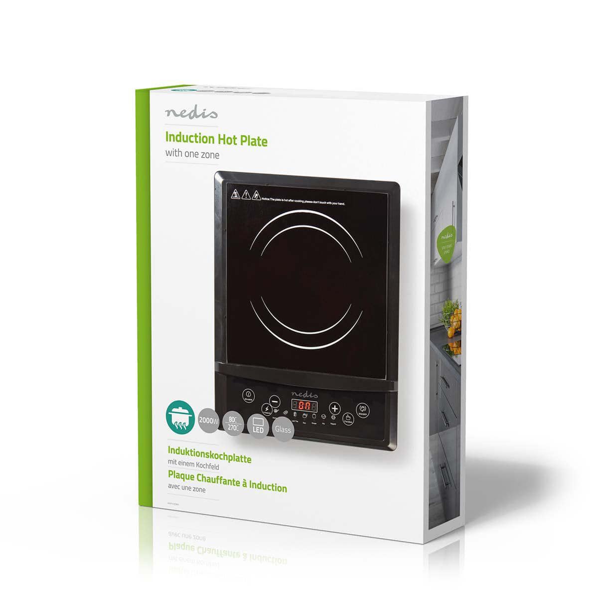 Ein Produktbild eines Immersaugut-Induktionskochfelds von Nedis mit einer Zone in einer weiß-grünen Box. Auf der Vorderseite der Box ist ein Bild der schwarzen Kochplatte mit Bedienfeld und LCD-Anzeige zu sehen. Mehrsprachiger Text und Symbole heben Funkt