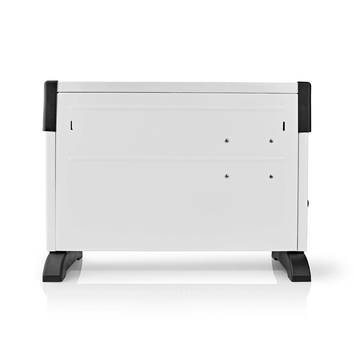 Ein immersaugfähiges Nedis Konvektor Heizgerät - Konvektionsheizgerät, mit 2000 Watt Leistung und Turbofunktion, steht senkrecht auf schwarzen Füßen. Das weiße Heizgerät hat schwarze Seitenteile und die Vorderseite weist eine glatte Oberfläche mit sichtba