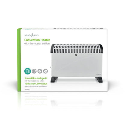 Das Bild zeigt ein verpacktes Immersaugut Nedis - Konvektor Heizgerät - Konvektionsheizgerät mit 2000 Watt Leistung, einstellbarem Thermostat und drei Heizstufen. Die überwiegend weiße Box weist grüne Akzente auf und trägt auf der Vorderseite ein Bild des