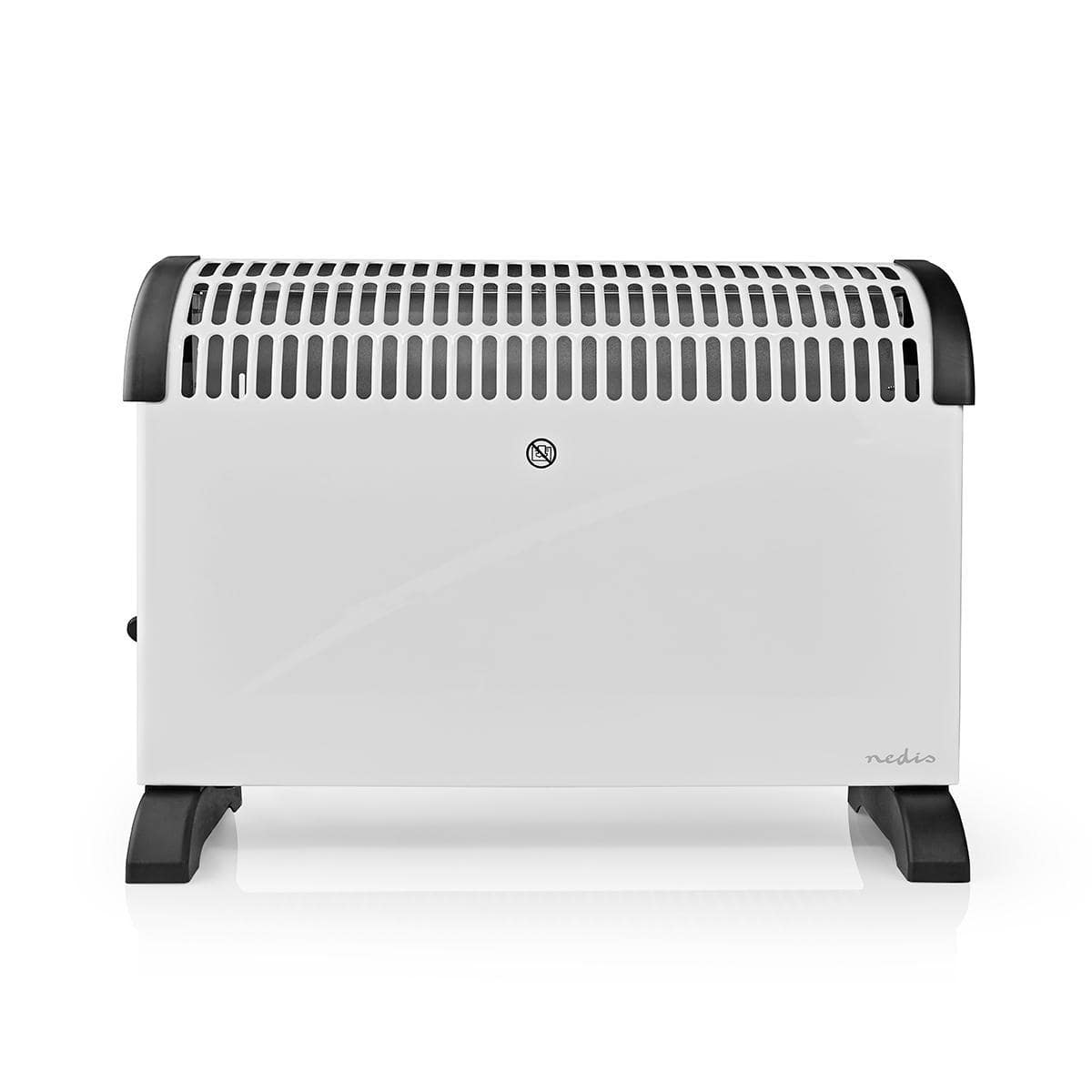 Ein weißes, rechteckiges elektrisches Nedis - Konvektor Heizgerät - Konvektionsheizgerät, verstellbares Thermostat, 3 Wärmeeinstellungen mit schwarzen Akzenten an den oberen Ecken und am Sockel. Das Heizgerät hat ein belüftetes Gitter in der oberen Hälfte