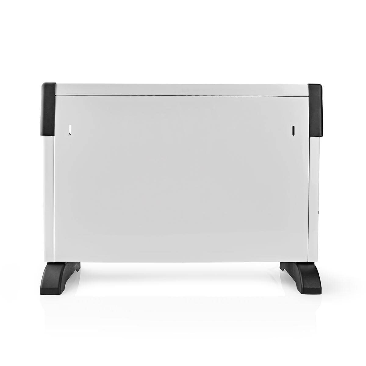 Ein schlanker, rechteckiger weißer Konvektionsheizer mit schwarzen Akzenten und stabilen schwarzen Füßen. Dieses 2000-Watt-Gerät verfügt über ein minimalistisches Design mit glatten Kanten und einer soliden Frontplatte. Das Gerät steht auf einer reflektie