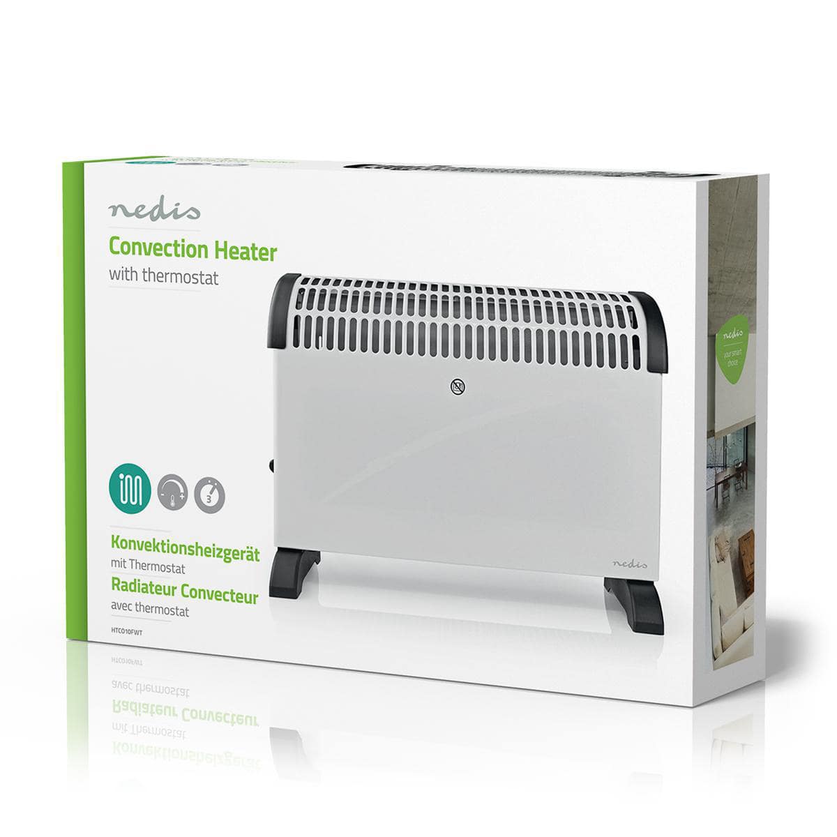 Das Bild zeigt die Verpackung eines Immersauguts von Nedis – Konvektor-Heizgerät – Konvektionsheizgerät, verstellbares Thermostat, 3 Wärmeeinstellungen. Die Verpackung zeigt ein Bild des 2000-Watt-Heizlüfters, der sein kompaktes und schlankes Design mit b