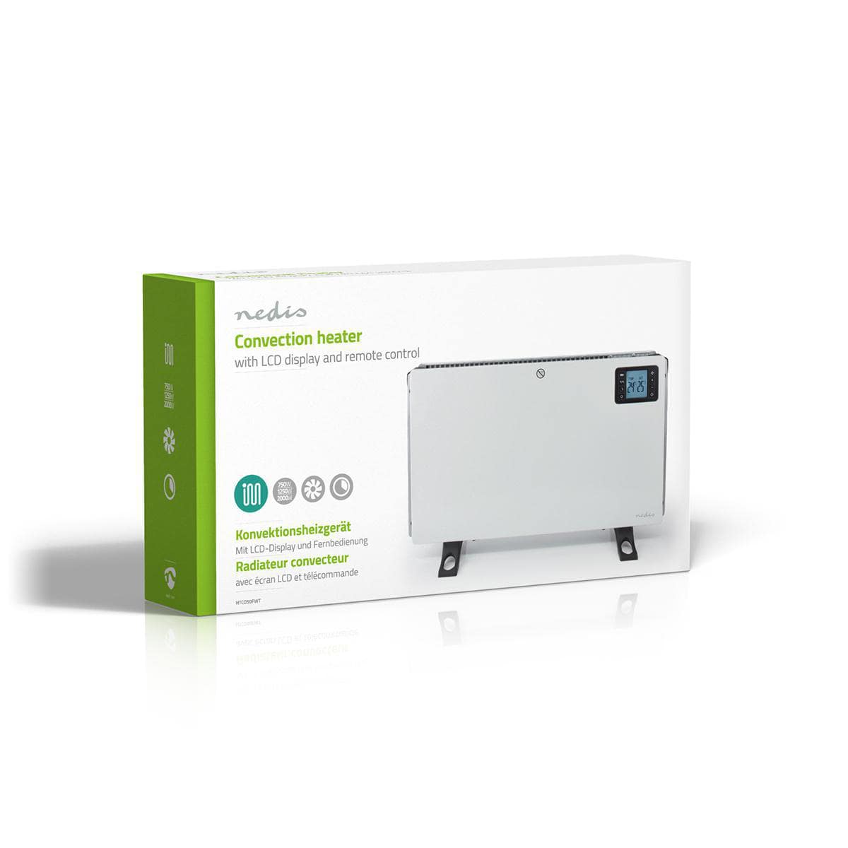 Kartonverpackung für den Immer-Saugut-Konvektionsheizer von Nedis mit LCD-Display, programmierbarem Thermostat und Fernbedienung. Die Vorderseite des Kartons zeigt den weißen Heizer mit schwarzen Füßen und einer Digitalanzeige. Der Hintergrund ist überwie