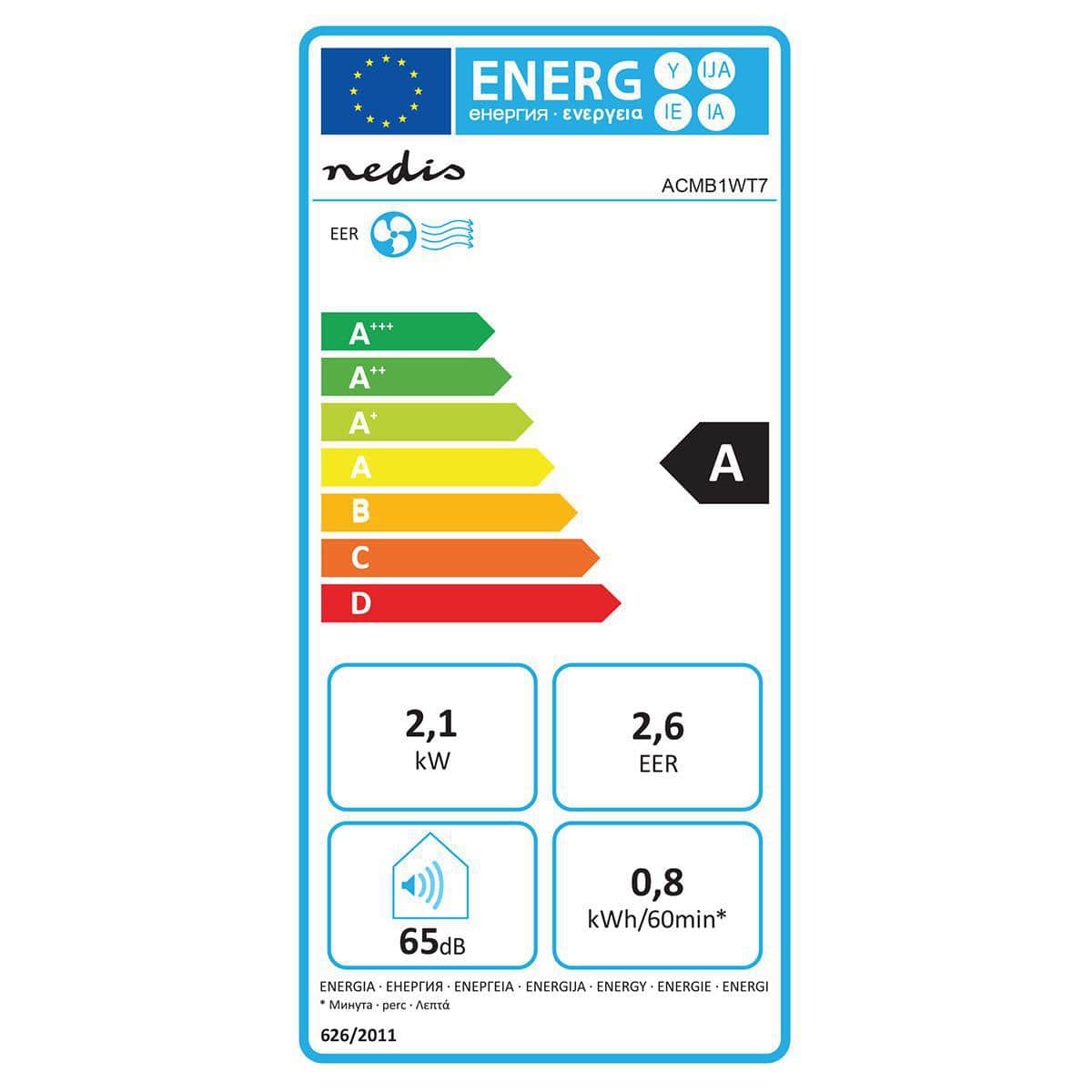 Das Bild zeigt ein Energielabel der Europäischen Union für das Modell immer-saugut mobile Klimaanlage mit Energieklasse A. Dieses 3-in-1-Gerät hat die Bewertung „A“ für Energieeffizienz mit einem EER von 2,6. Es verbraucht 2,1 kW Leistung, erzeugt 65 dB L