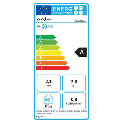 Das Bild zeigt ein Energielabel der Europäischen Union für das Modell immer-saugut mobile Klimaanlage mit Energieklasse A. Dieses 3-in-1-Gerät hat die Bewertung „A“ für Energieeffizienz mit einem EER von 2,6. Es verbraucht 2,1 kW Leistung, erzeugt 65 dB L