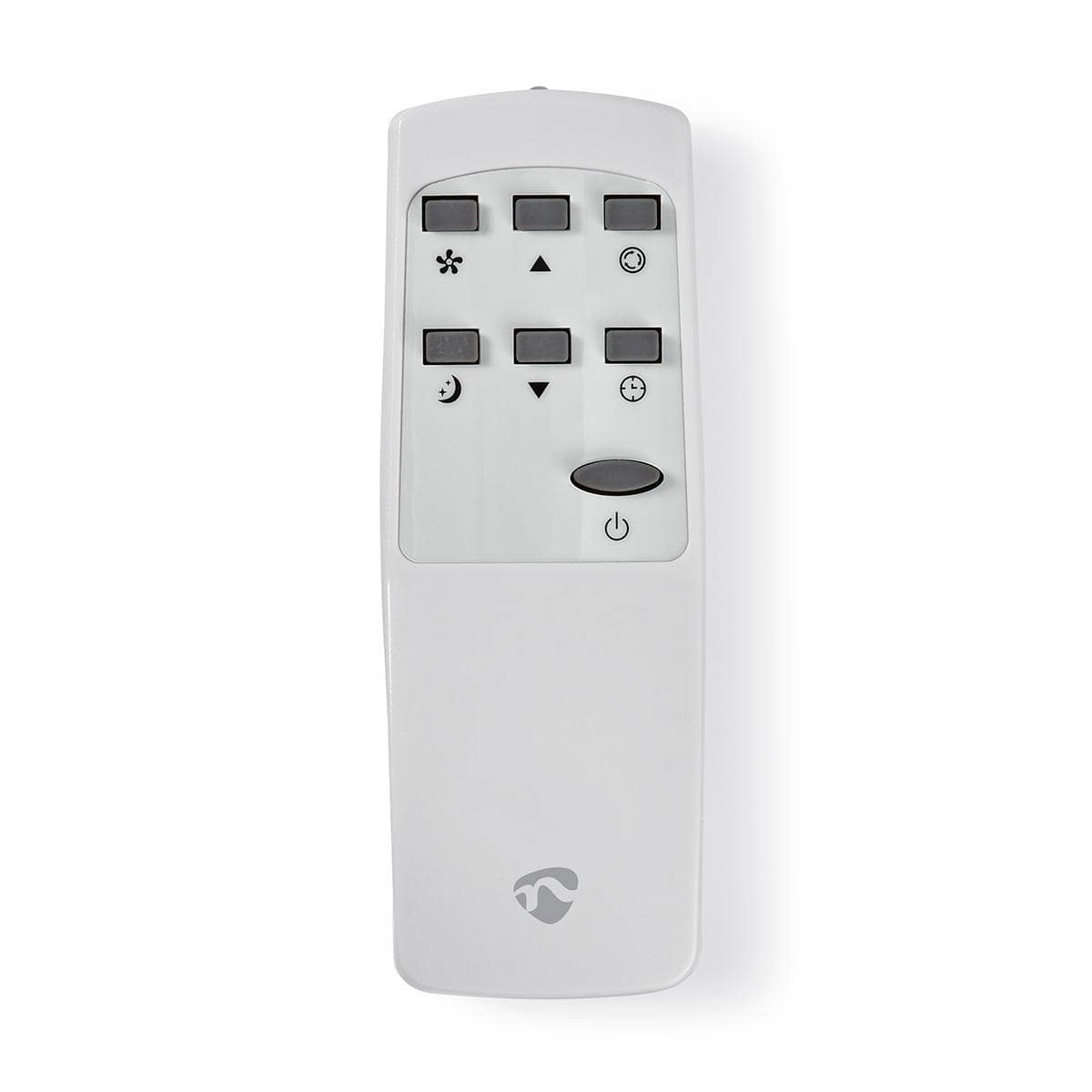 Weiße Fernbedienung für eine Nedis - Mobile Klimaanlage mit Energieklasse A - Kühlkapazität: 7000 BTU, max. Raumgröße: 60 m³, 300 m³/h, 65 dB mit schwarzen Tasten, die in einem rechteckigen Raster angeordnet sind. Enthält Bedienelemente für Strom, Licht, 
