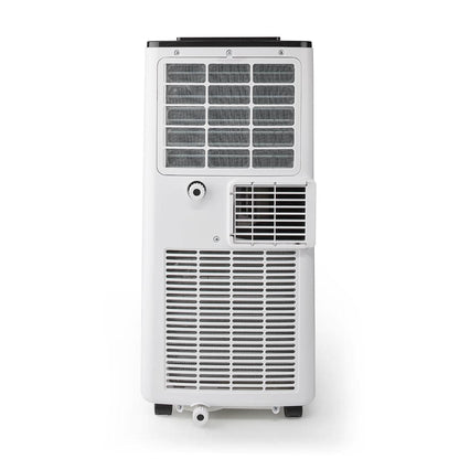 Das Bild zeigt die Rückansicht einer weißen, rechteckigen, mobilen Nedis - Mobile Klimaanlage mit Energieklasse A - Kühlkapazität: 7000 BTU, max. Raumgröße: 60 m³, 300 m³/h, 65 dB von immer-saugut. Dieses 3-in-1-Gerät verfügt über zwei große rechteckige L