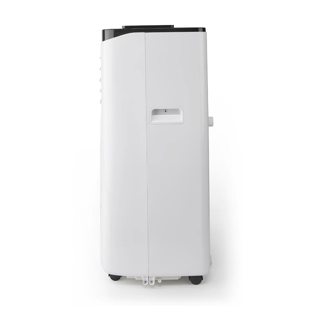 Eine hohe, weiße, rechteckige Nedis - Mobile Klimaanlage mit Energieklasse A - Kühlkapazität: 7000 BTU, max. Raumgröße: 60 m³, 300 m³/h, 65 dB von immer-saugut von rechts betrachtet. Das Gerät hat ein schlankes Design mit glatter Oberfläche, schwarzer Obe