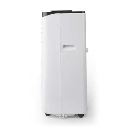 Eine hohe, weiße, rechteckige Nedis - Mobile Klimaanlage mit Energieklasse A - Kühlkapazität: 7000 BTU, max. Raumgröße: 60 m³, 300 m³/h, 65 dB von immer-saugut von rechts betrachtet. Das Gerät hat ein schlankes Design mit glatter Oberfläche, schwarzer Obe