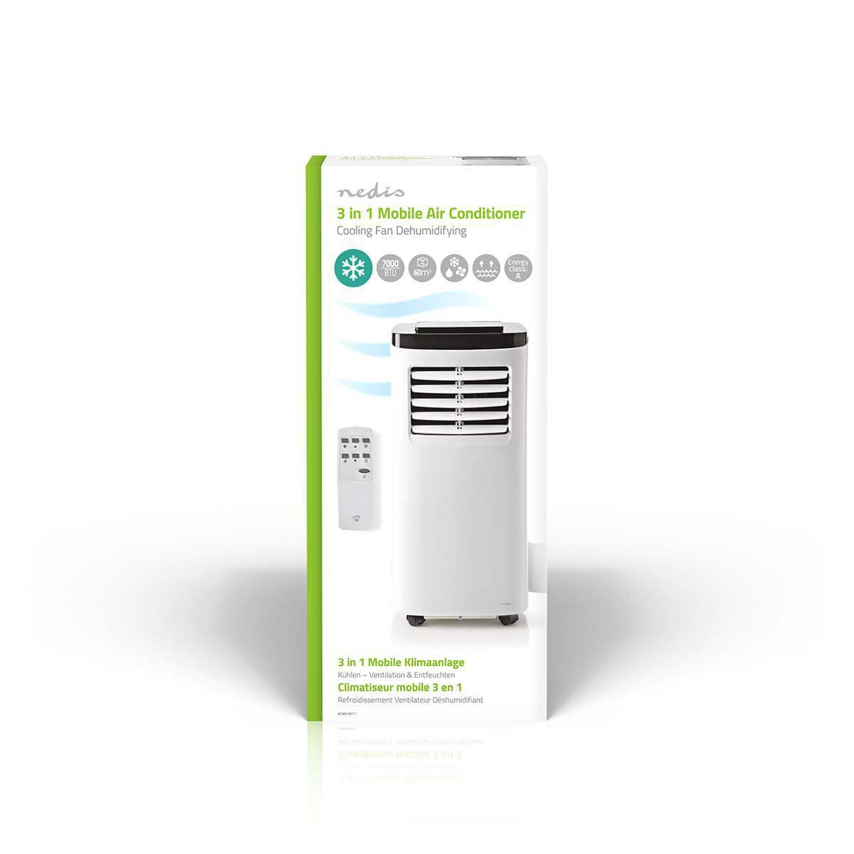 Das Bild zeigt die Verpackung einer Immersaugut-Klimaanlage von Nedis – Mobile Klimaanlage mit Energieklasse A – Kühlkapazität: 7000 BTU, max. Raumgröße: 60 m³, 300 m³/h, 65 dB. Die Verpackung zeigt ein Bild der energieeffizienten Einheit und ihrer Fernbe