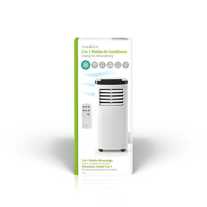 Das Bild zeigt die Verpackung einer Immersaugut-Klimaanlage von Nedis – Mobile Klimaanlage mit Energieklasse A – Kühlkapazität: 7000 BTU, max. Raumgröße: 60 m³, 300 m³/h, 65 dB. Die Verpackung zeigt ein Bild der energieeffizienten Einheit und ihrer Fernbe