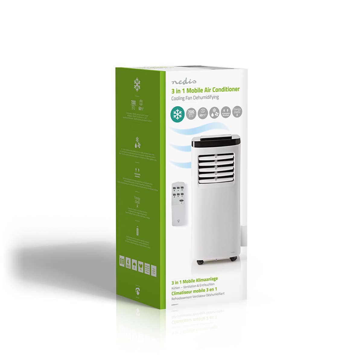 Karton mit „immer-saugut Nedis – Mobile Klimaanlage mit Energieklasse A – Kühlkapazität: 7000 BTU, max. Raumgröße: 60 m³, 300 m³/h, 65 dB.“ Die weiß-grüne Verpackung zeigt das Produktbild und hebt Funktionen wie Kühlung, Ventilator und Entfeuchtung hervor