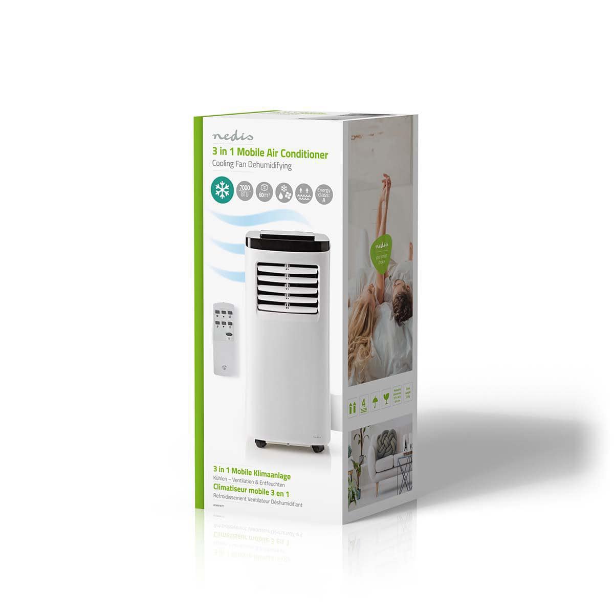 Das Bild zeigt eine bunte Schachtel für ein Immersaugut von Nedis – Mobile Klimaanlage mit Energieklasse A – Kühlkapazität: 7000 BTU, max. Raumgröße: 60 m³, 300 m³/h, 65 dB. Auf der Vorderseite der Schachtel ist ein Bild der energieeffizienten tragbaren E