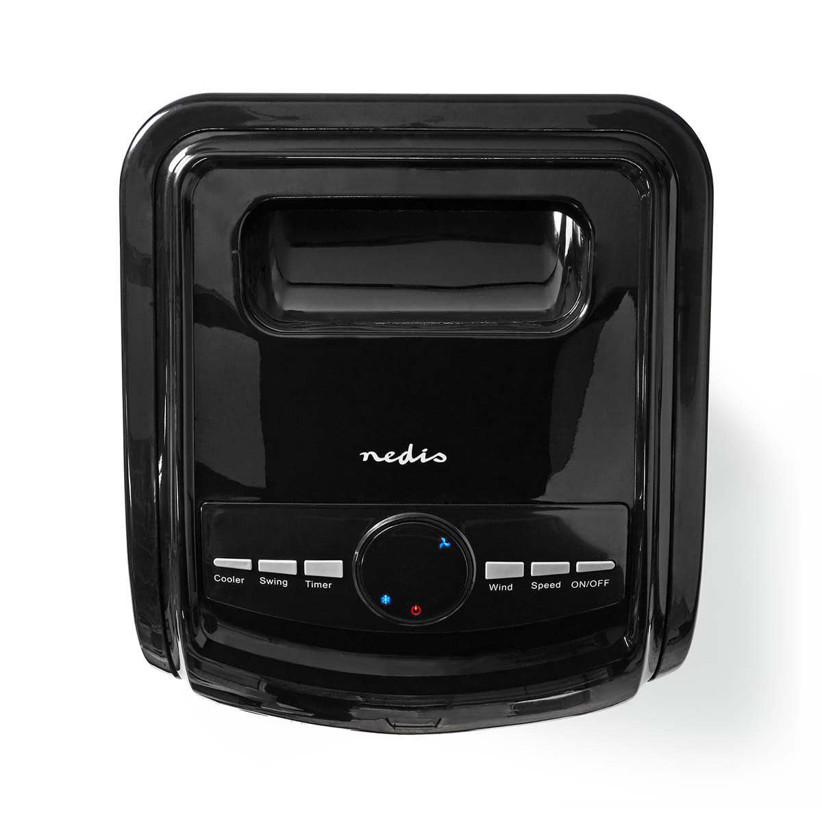 Schwarzes Immersaugut-Bedienfeld mit Digitalanzeige und sechs Tasten mit den Bezeichnungen Cooler, Swing, Timer, Wind, Speed und ON/OFF. Unten mittig befindet sich ein großes Zifferblatt mit blauen und roten Markierungen für den Nedis – Mobiler Luftkühler