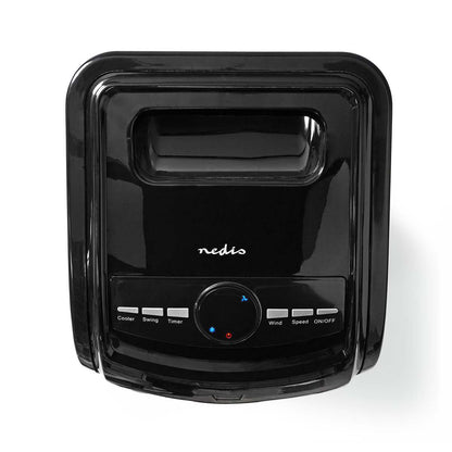 Schwarzes Immersaugut-Bedienfeld mit Digitalanzeige und sechs Tasten mit den Bezeichnungen Cooler, Swing, Timer, Wind, Speed und ON/OFF. Unten mittig befindet sich ein großes Zifferblatt mit blauen und roten Markierungen für den Nedis – Mobiler Luftkühler