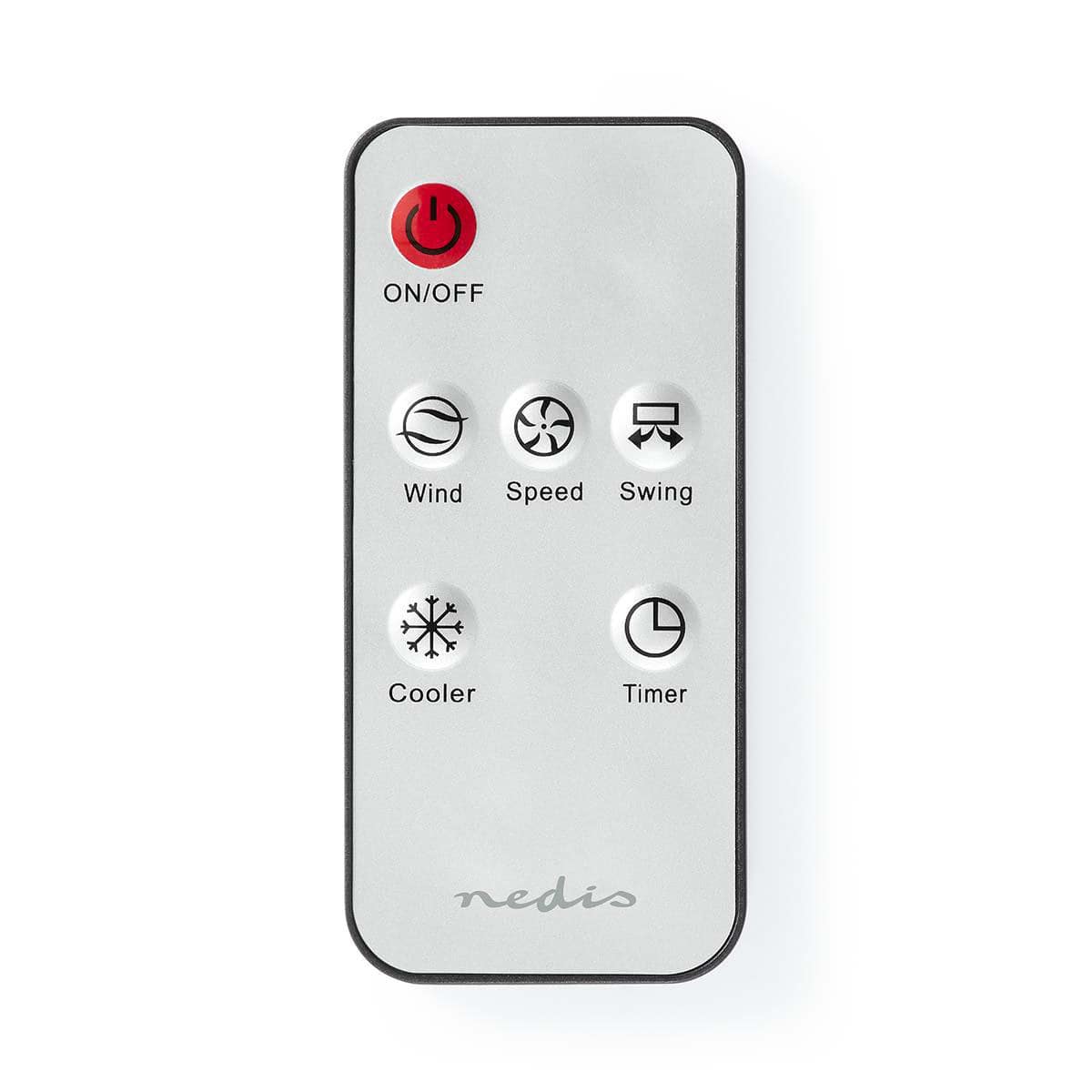 Eine Fernbedienung mit weißer Frontplatte und schwarzen, abgerundeten Kanten. Sie verfügt über sechs Tasten: eine rote EIN/AUS-Taste, Wind, Speed, Swing, Cooler für Ihren Nedis - Mobiler Luftkühler mit Fernbedienung und Abschalt-Timer - max. Raumgröße 37,