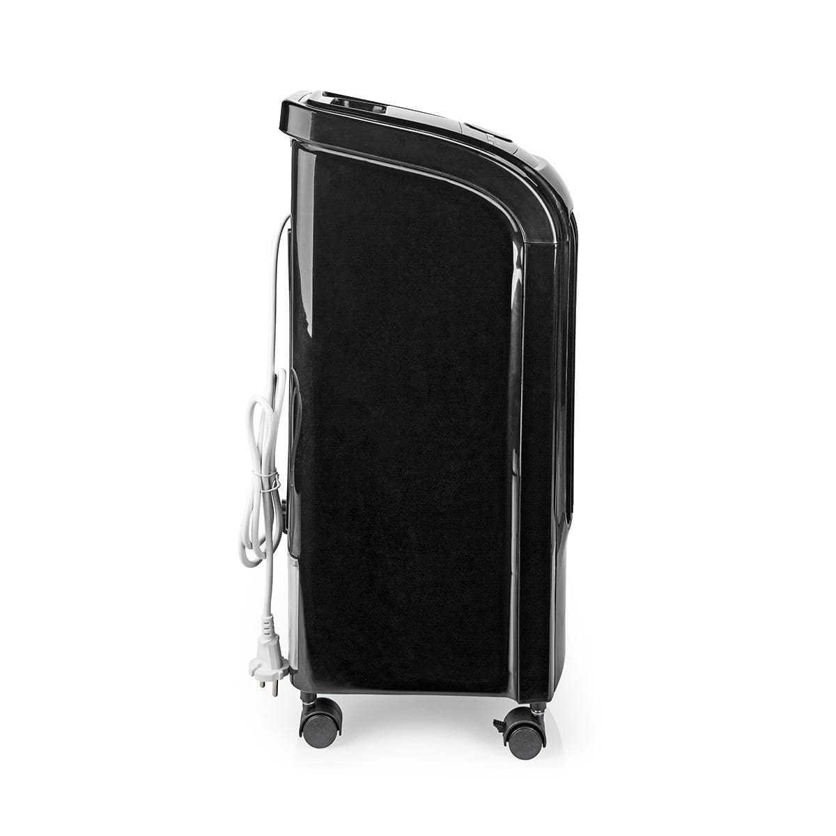 Ein eleganter, schwarzer Nedis - Mobiler Luftkühler mit Fernbedienung und Abschalt-Timer - max. Raumgröße 37,5 m³, 270 m³/h, 55 dB, Oszillation, schwarz von immer-saugut mit minimalistischem Design, dargestellt in einer Seitenansicht auf weißem Hintergrun