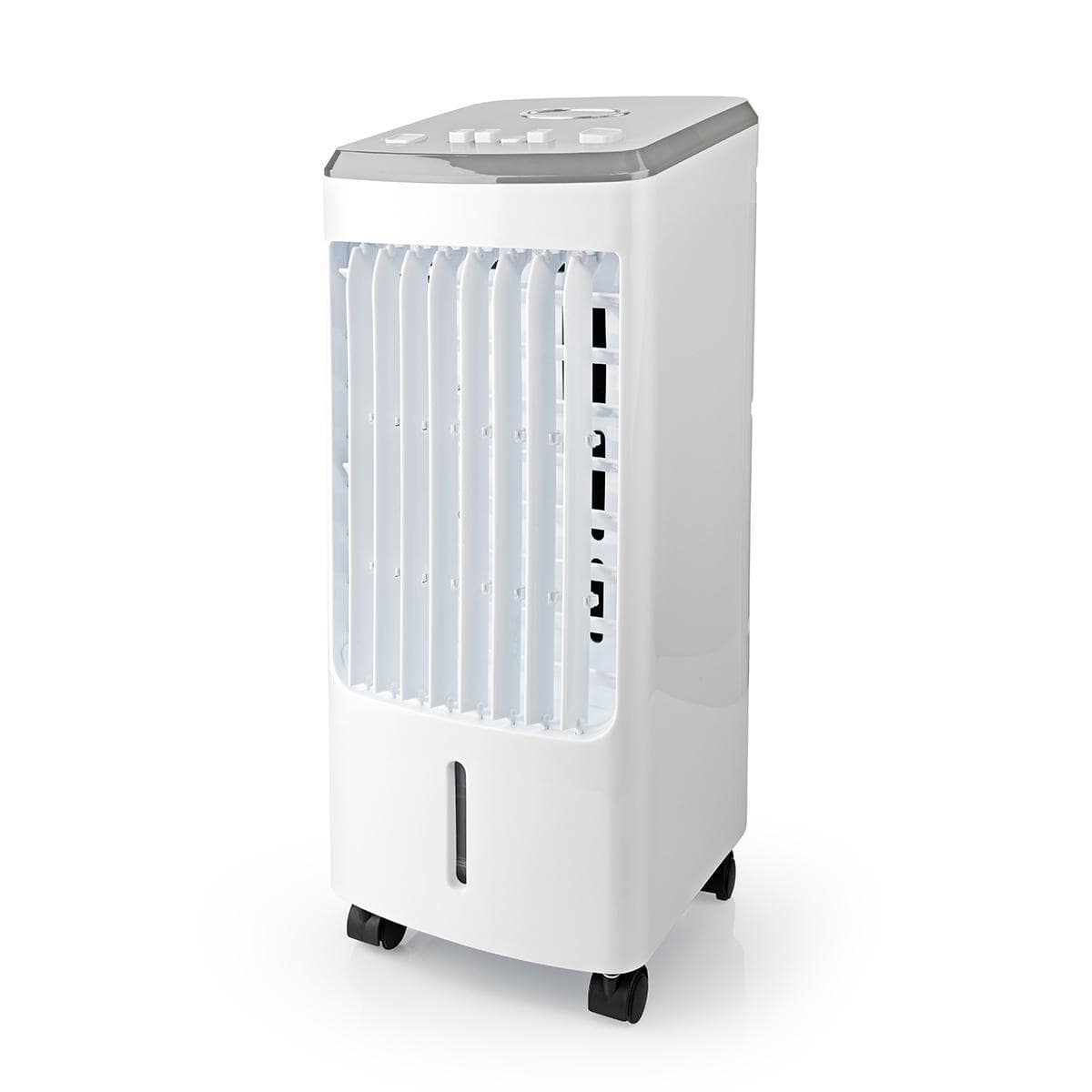 Ein weißer, energieeffizienter Nedis - Mobiler Luftkühler mit Abschalt-Timer - max. Raumgröße: 37,5 m³, 270 m³/h, 55 dB von immer-saugut mit rechteckiger Form, einstellbaren vertikalen Lüftungsschlitzen an der Vorderseite und einem Bedienfeld oben. Er ste