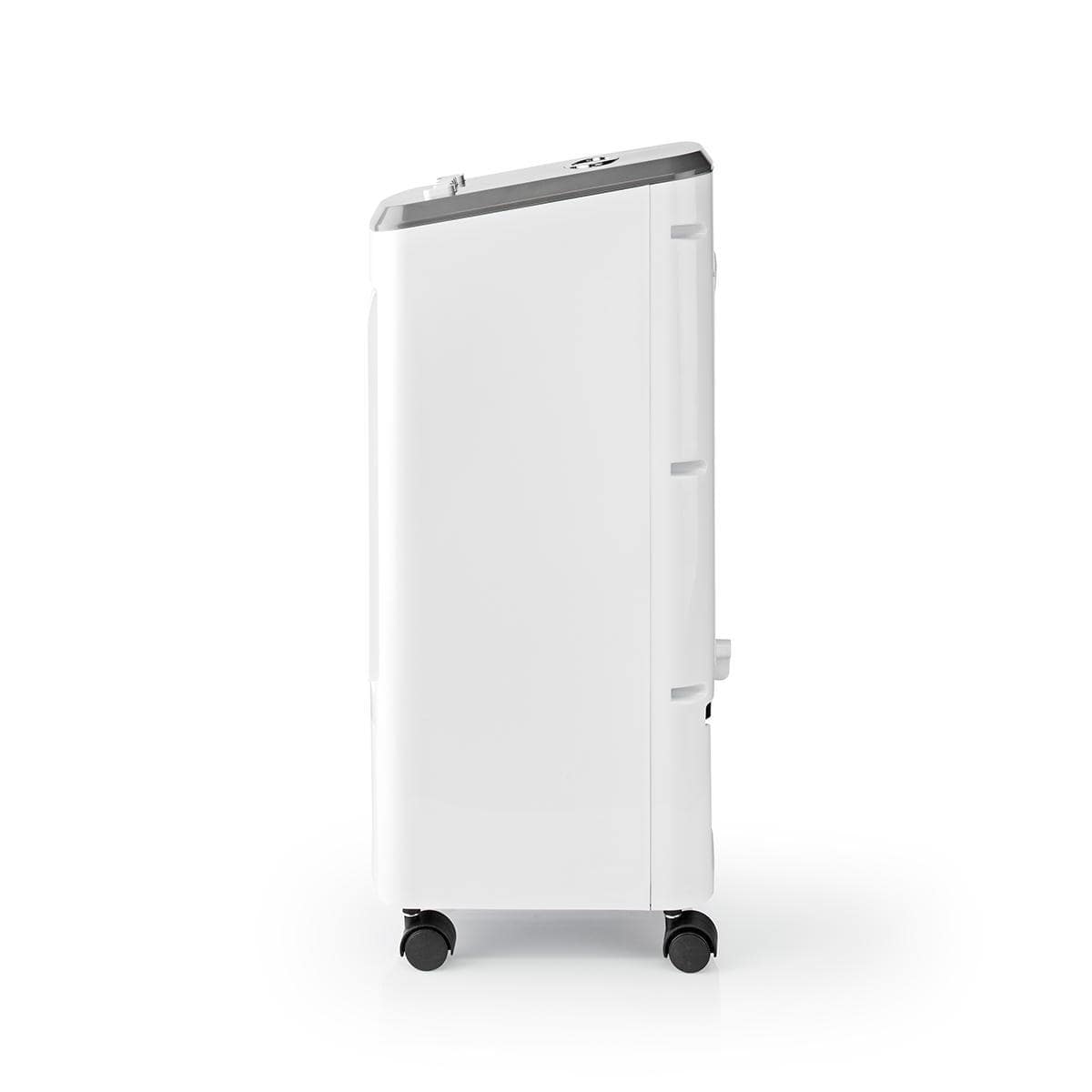 Eine weiße tragbare Klimaanlage von der Seite betrachtet. Dieses Immersaugut Nedis - Mobiler Luftkühler mit Abschalt-Timer - max. Raumgröße: 37,5 m³, 270 m³/h, 55 dB-Gerät verfügt über ein schlankes rechteckiges Design mit Lüftungsschlitzen, Bedienelement