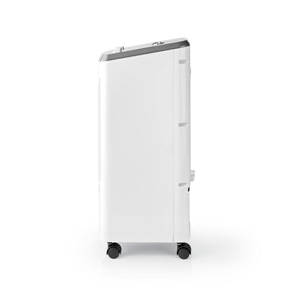Eine weiße tragbare Klimaanlage von der Seite betrachtet. Dieses Immersaugut Nedis - Mobiler Luftkühler mit Abschalt-Timer - max. Raumgröße: 37,5 m³, 270 m³/h, 55 dB-Gerät verfügt über ein schlankes rechteckiges Design mit Lüftungsschlitzen, Bedienelement