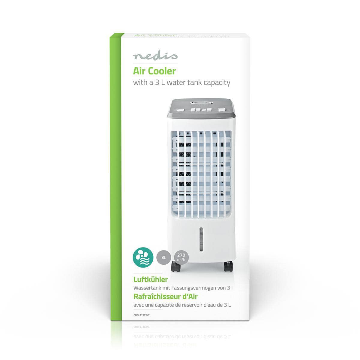 Auf einer rechteckigen Box ist ein Immersaugut von Nedis zu sehen – Mobiler Luftkühler mit Abschalt-Timer – max. Raumgröße: 37,5 m³, 270 m³/h, 55 dB mit einem Wassertank von 3 l. Auf der Vorderseite ist der Kühler mit einer belüfteten Frontplatte und Bedi