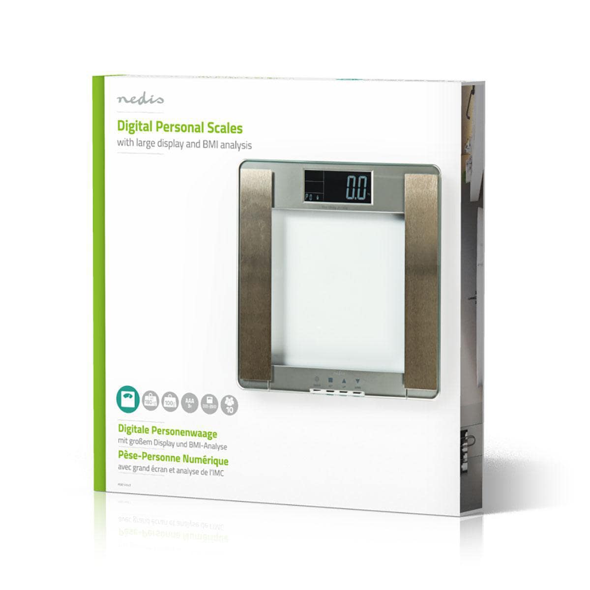 Ein verpacktes Produkt von immer-saugut Nedis - Personenwaage - Digitale Anzeige. Die Verpackung ist weiß mit grünem und grauem Text. Auf der Vorderseite ist ein Bild der digitalen Waage mit großem Display zu sehen. Der Text enthält „Digitale Anzeige“, „K