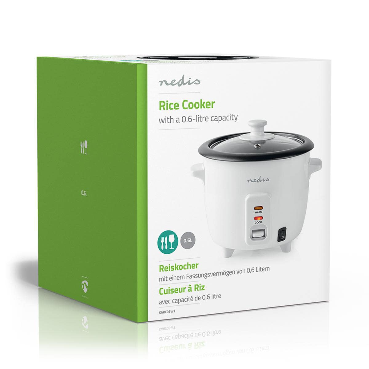 Eine weiß-grüne Schachtel mit einem Bild eines Immer-Saugut Nedis - Reiskocher - 0,6 Liter, 300 W, Aluminium-Dämpfer, Antihaft-Beschichtung, herausnehmbare Schüssel, Automatische Abschaltung. Der Reiskocher hat ein Fassungsvermögen von 0,6 Litern, einen A
