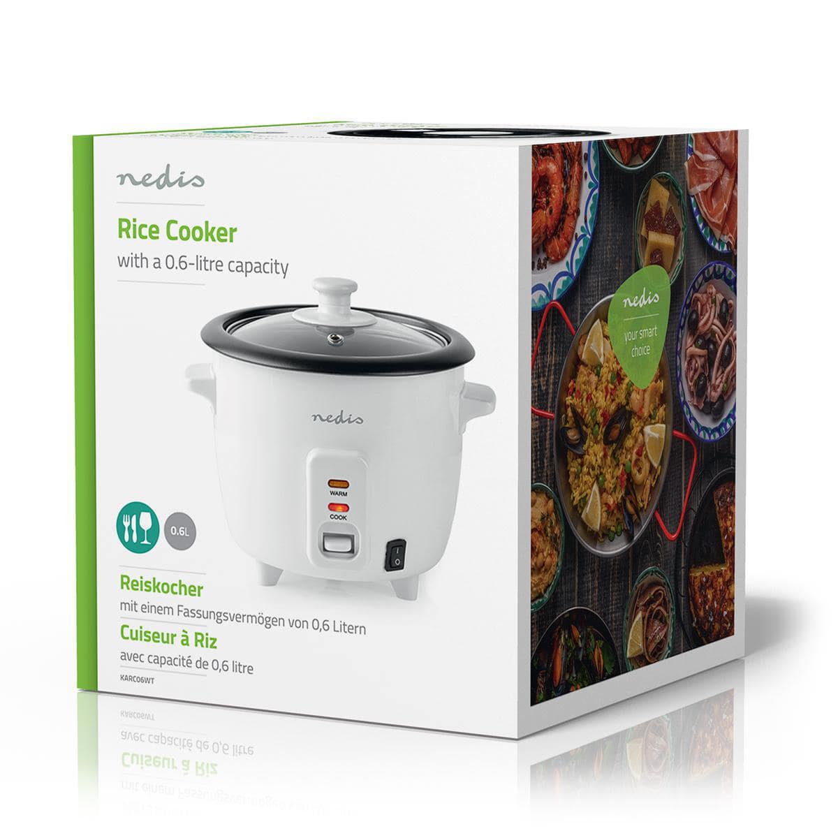 Eine Produktbox für einen Immersauger Nedis – Reiskocher – 0,6 Liter, 300 W, Aluminium-Dämpfer, Antihaft-Beschichtung, herausnehmbare Schüssel, Automatische Abschaltung. Die Box ist überwiegend weiß mit grünen Akzenten. Eine Abbildung des Reiskochers mit 