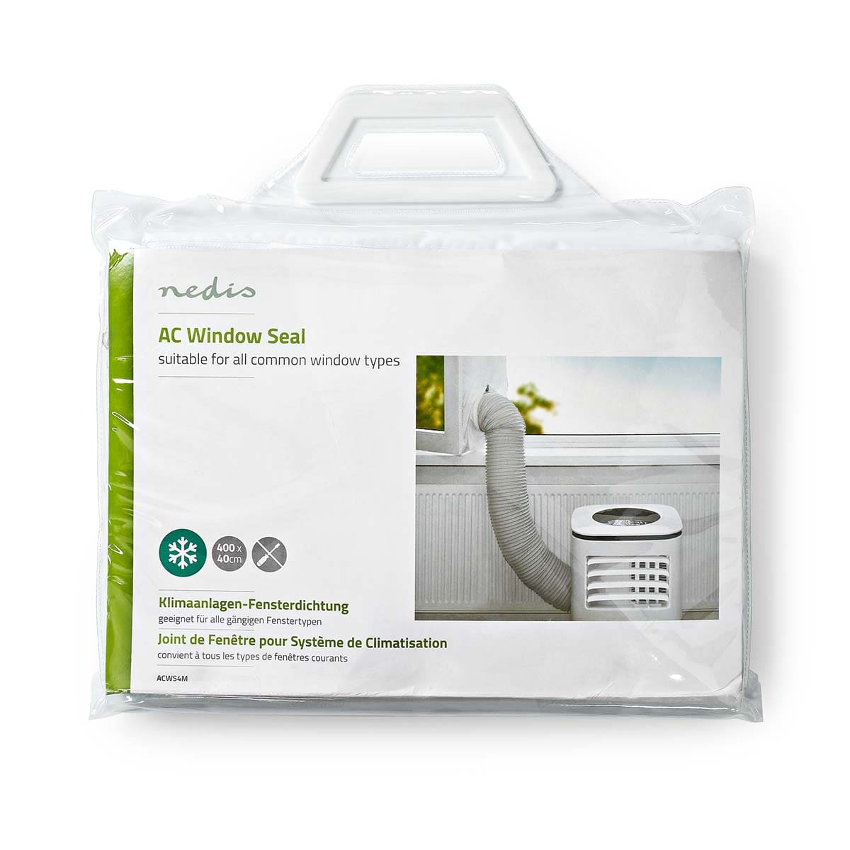 Die Abbildung zeigt ein verpacktes Immer-Saugut von Nedis – Fensterdichtung für Klimaanlagen – Abluftschlauch, Länge 400 cm, einfache Installation, konzipiert für alle gängigen Fenstertypen. Die Verpackung ist überwiegend weiß mit grünen Akzenten. Auf der