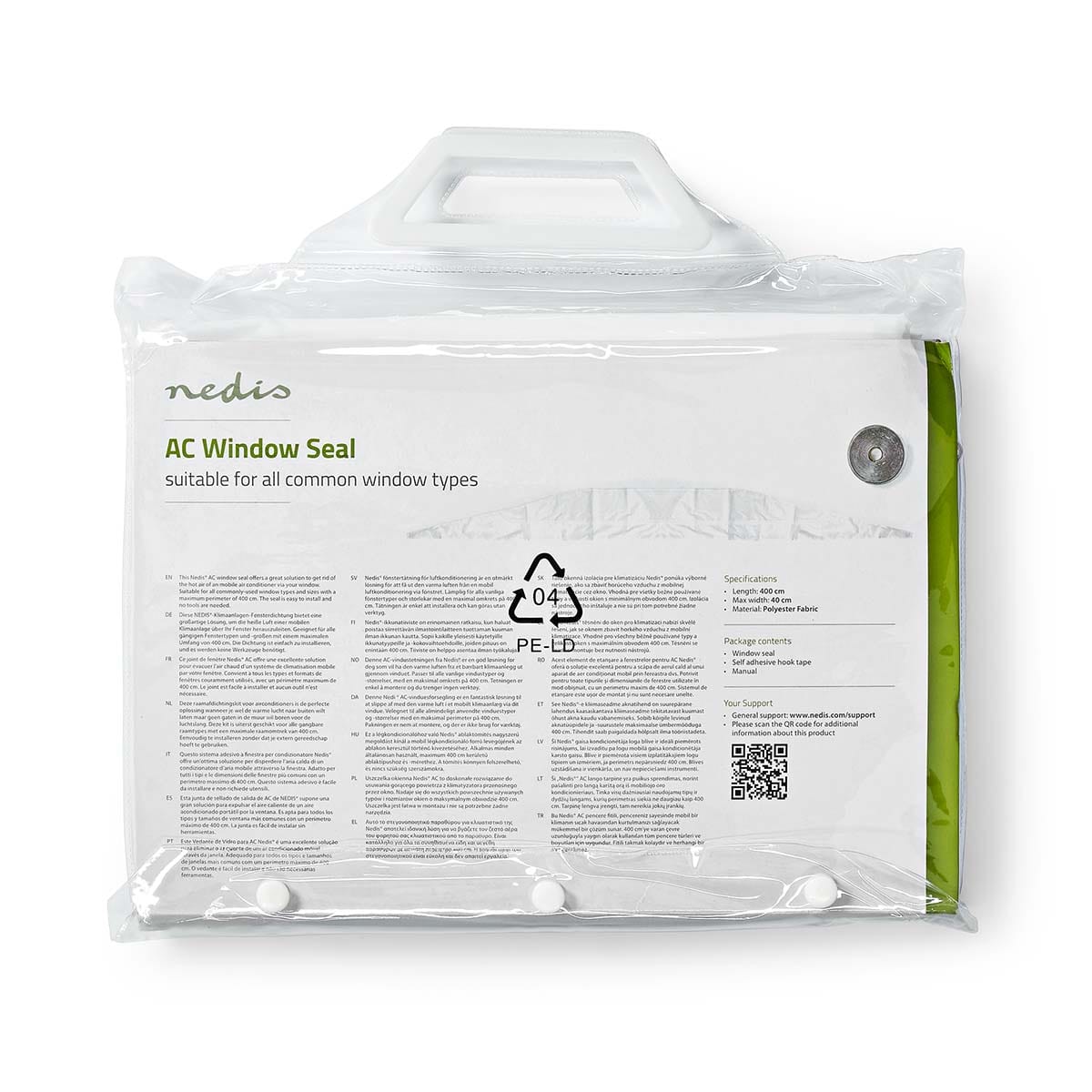 Das Bild zeigt verpacktes Immer-Saugut Nedis - Fensterdichtung für Klimaanlagen - Abluftschlauch, Länge 400 cm, einfache Installation, passend für alle gängigen Fenstertypen. Der durchsichtige Plastikbeutel hat oben einen Griff, auf der Vorderseite eine P