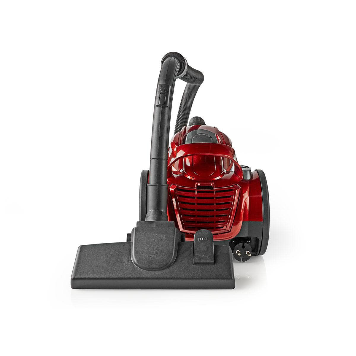Ein roter **Immer-Saugut Nedis - Staubsauger ohne Beutel - 700 W. 1,5 l Staubkapazität, Hepa-Filter, Anthrazit/Rot** von vorne gesehen. Er hat ein schlankes, modernes Design mit zwei großen Rädern auf beiden Seiten. Ein flexibler schwarzer Schlauch mit Gr