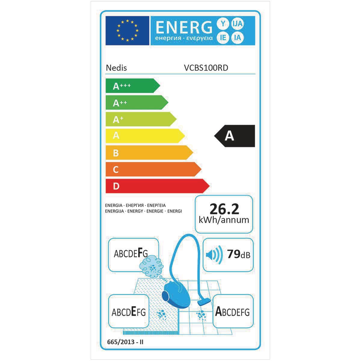 Ein Energieeffizienzlabel für den leichten, beutellosen Immersauger Nedis - Staubsauger ohne Beutel - 700 W. 1,5 l Staubkapazität, Hepa-Filter, Anthrazit/Rot Modell VCB5100RD. Das Label zeigt eine Energieeffizienzklasse von A, mit einem jährlichen Energie