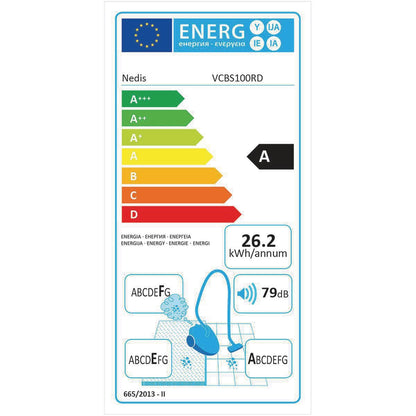Ein Energieeffizienzlabel für den leichten, beutellosen Immersauger Nedis - Staubsauger ohne Beutel - 700 W. 1,5 l Staubkapazität, Hepa-Filter, Anthrazit/Rot Modell VCB5100RD. Das Label zeigt eine Energieeffizienzklasse von A, mit einem jährlichen Energie