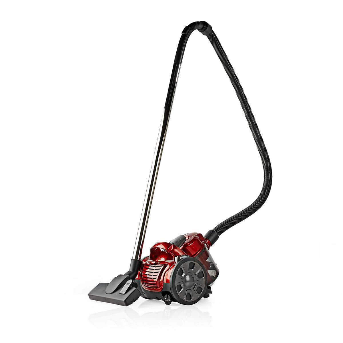 Ein rot-schwarzer Nedis - Staubsauger ohne Beutel - 700 W. 1,5 l Staubkapazität, Hepa-Filter, Anthrazit/Rot mit silbernem Teleskoprohr und flexiblem schwarzen Schlauch von immer-saugut. Dieser Staubsauger verfügt über große schwarze Räder, eine Kombi-Bürs